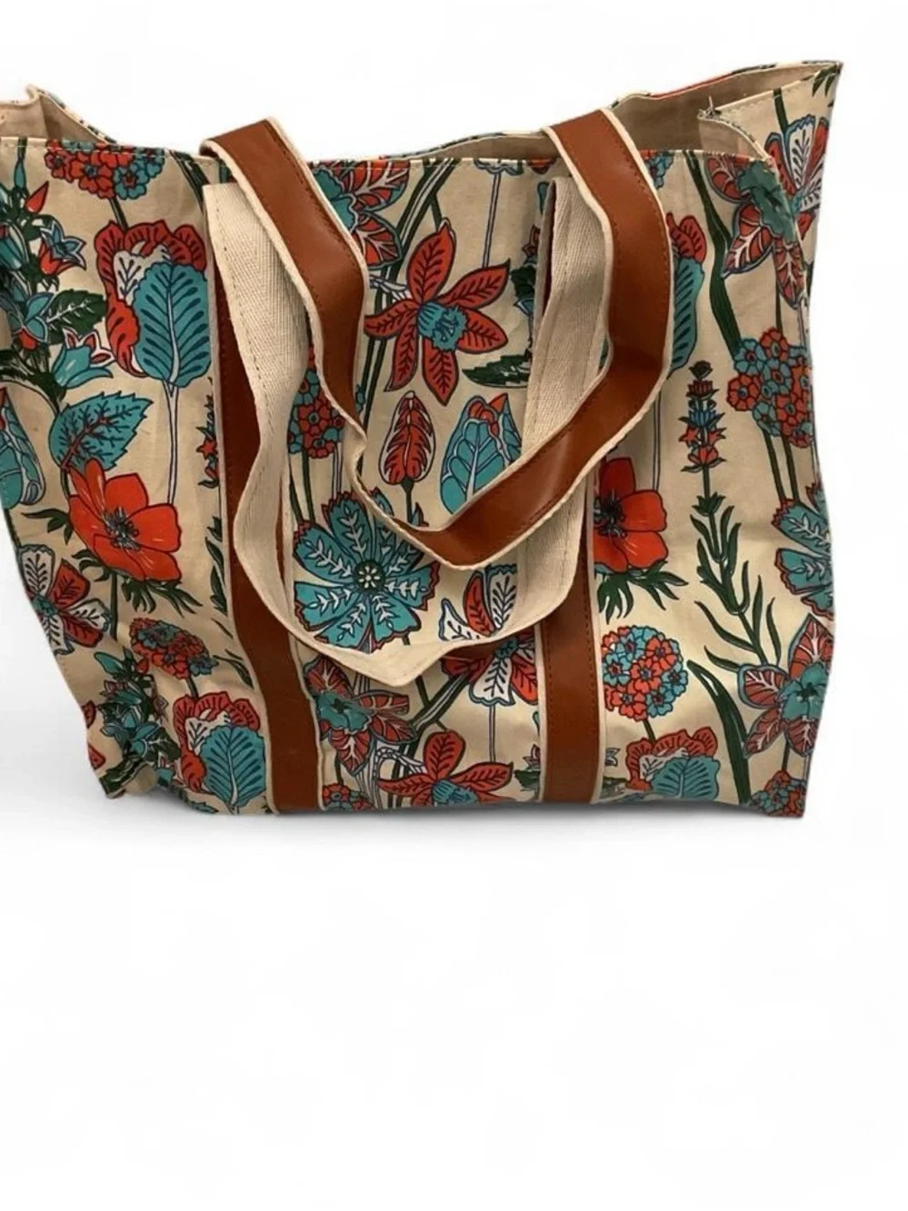 Canvas Floral Tote Bag with Brown Trim - Multicolor